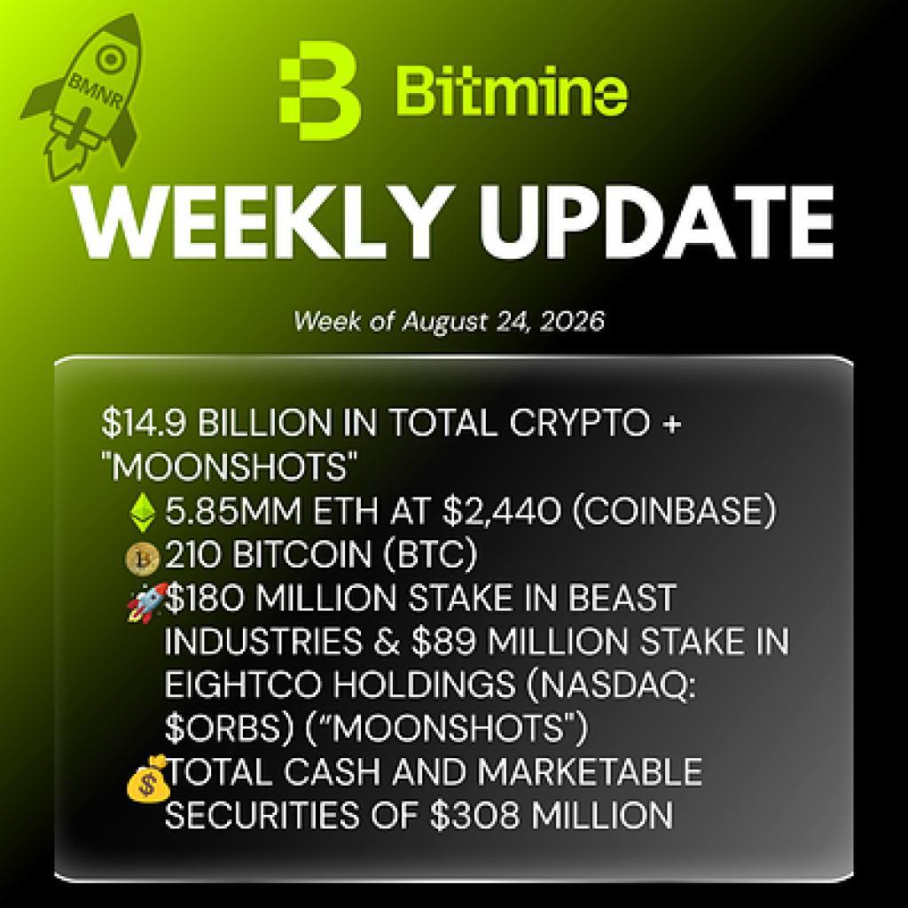 Bitmine Immersion Technologies (BMNR) Announces ETH Holdings Reach 5.85 Million Tokens, and Total Crypto and Total Cash Holdings of $14.9 Billion Bitmine Immersion Technologies (BMNR) Announces ETH Holdings Reach 5.85 Million Tokens, and Total Crypto and Total Cash Holdings of $14.9 Billion