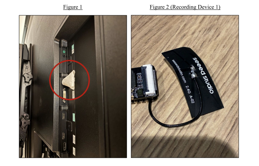Recording Device 1 and its placement behind the conference room TV.