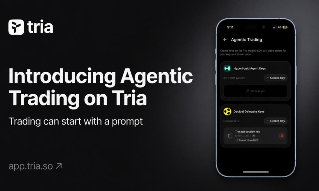 Tria Launches Agentic Trading, Allowing AI Agents to Execute Crypto Trades Without Giving Up Control of Funds Tria Launches Agentic Trading, Allowing AI Agents to Execute Crypto Trades Without Giving Up Control of Funds